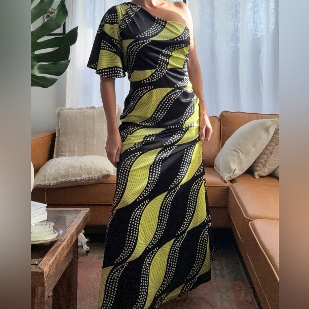 Vintage Black & Lime Geometric one shoulder seventies style  Maxi Dress